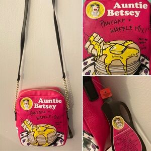 Betsey Johnson kitsch • Auntie Betsey pancake + waffle mix • pink crossbody bag